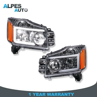 Conjunto de 2 piezas de faros delanteros cromados con barras LED para Nissan Titan 2004-2012 Foto 1 de 4