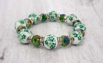 Green Flower Porcelain Bead Stretch Bracelet with Green Glass and Crystals - NEW - Image 1 of 4