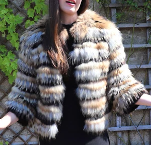 Giacca Pelliccia Seefuchs Bolero Progettazione Pelo Motivo a Righe Nero Beige - Foto 1 di 12