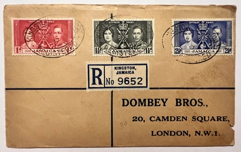 1937 REGISTERED KINGSTON JAMAICA BRITISH CORONATION COVER TO LONDON ENGLAND Cover