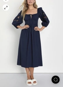 Lulus Navy Embroidered Balloon Sleeve Midi Dress Size Large Cottagecore Western - Picture 1 of 11