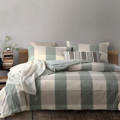 Twin 100% Washed Cotton Duvet Cover Set Green - Kids Buffalo Plaid Linen Feel... - Image 1 of 4