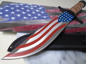 American Flag Hunter Bowie Fixed Blade Combat Knife Stacked Leather 14" OA New - Picture 1 of 9