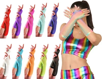 Neon Long Fishnet Gloves Fingerless Gloves Fancy Dress Party Gloves Fish Net @ - Image 1 of 4