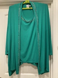 Green Studded Ulta Popken Set Cardigan SZ 20-22 Tank SZ 16-18 Read 2 Diff Sizes - Picture 1 of 21