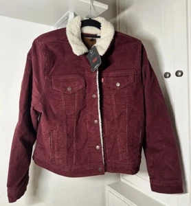 BNWT LADIES LEVIS CHERRY RED CORDUROY SHERPA TRUCKER JACKET SIZE LARGE VINTAGE - Picture 1 of 10