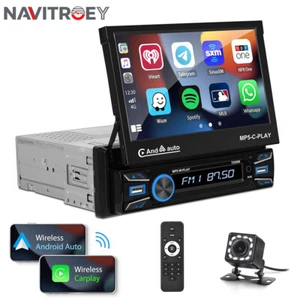 Radio estéreo para automóvil individual 1DIN 7" Apple Carplay Android pantalla abatible automática + cámara - Imagen 1 de 21