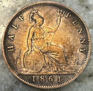 1861 U. K. Half Penny - This is a clean coin with weak Colons JLM- AS IMAGED! - Picture 1 of 7