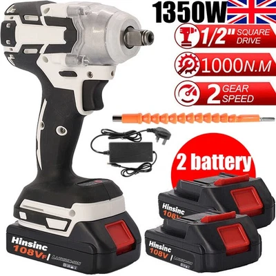 1000Nm 1/2" Cordless Electric Impact Wrench Drill Gun Ratchet Driver + 2 Battery