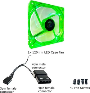 APEVIA CF12SL-UGN 120mm 4pin Molex + 3pin Motherboard Silent Green LED Case Fan - Picture 1 of 4
