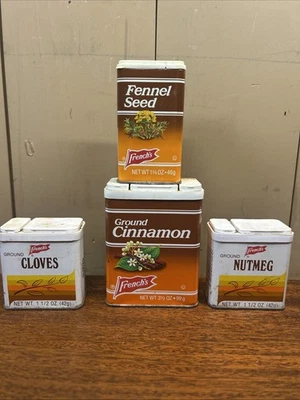 4 Vtg French's Spice Tins Cinnamon Cloves Nutmeg Fennel Seed Brown White Lot - Image 1 of 4