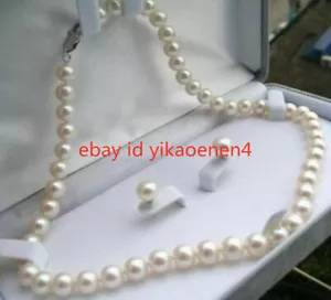 7-8 mm echte natürliche weiße Zuchtperlen Halskette Ohrringe Schmuckset 18 Zoll - Bild 1 von 12