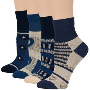 Women Cotton Diabetic Quarter Socks-4 Pack Large-Heart Pattern-Navy Blue Ecru - Picture 1 of 13