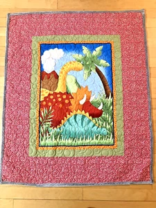 Handmade Baby Dino Panel Quilt Youth Quilt 42"x 50" w/gray minky backing - Picture 1 of 3