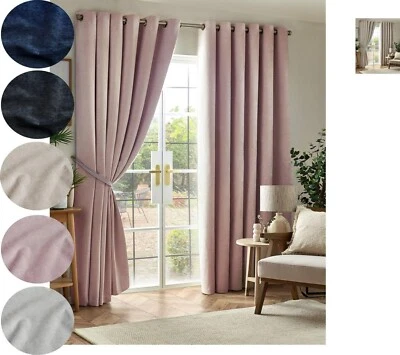 Chenille Blackout Self Lined Woven Eyelet Ring Top Curtains Pair, 10 colours - Image 1 of 4