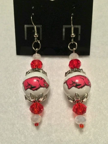 UNIVERSITY OF ARKANSAS EARRINGS GLASS BEADED COLLEGE RAZORBACK ORNAMENT Cover