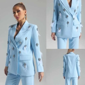 Women's Blue Suit Suit Stylish Hot Stamping Craft Handmade Feather Spring Blazer - Picture 1 of 12