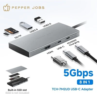 USB C Hub M.2 NVMe/SATA SSD Enclosure, 7 in 1 USB C Docking Station with PD100W - Image 1 of 4