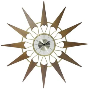 Wall Clock Starburst Wooden Rays Gold Metal Frame Open Face Midcentury Modern - Picture 1 of 5