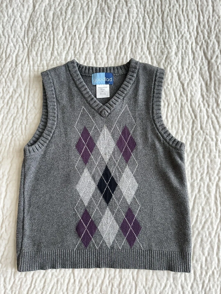 Chaleco Suéter Tejido Niños Niños Cuello en V Argyle Talla 6 Gris Foto 1 de 4