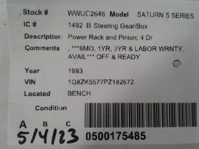 Steering Gear/Rack Power Rack And Pinion Fits 92-94 SATURN S SERIES 1703504 - Image 1 of 4