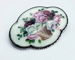 SILVER GUILLOCHE ENAMEL BROOCH c1920 FLOWER BASKET - Picture 1 of 6