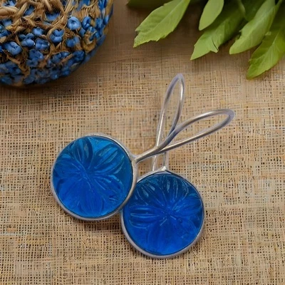 Elegant Sterling Silver Earring with Carved Paraiba Blue Quartz Healing Gemstone - Image 1 of 4