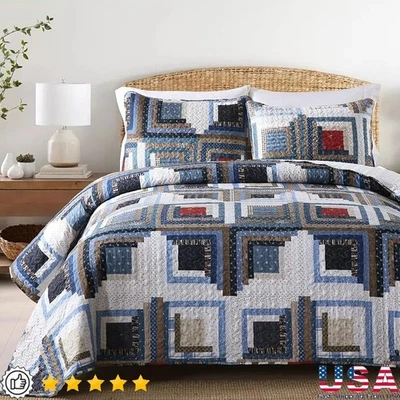 3PCS Queen Quilt Set Patchwork Comforter Bedspread Pillow Covers All Season New - Image 1 of 4