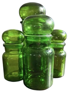 Green Apothecary Glass Bubble Top Jars Bottles Made in Belgium (Four Canisters) - Picture 1 of 12