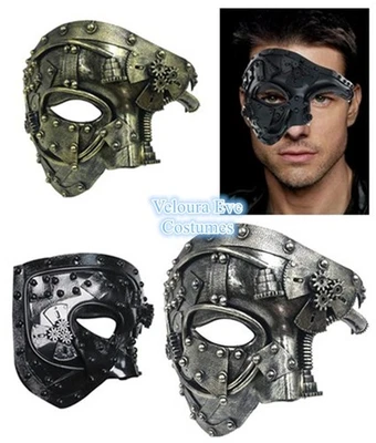 Adults Steampunk Half Face Latex Mask W/Gears Rivets Antique Gold Silver Black - Image 1 of 4