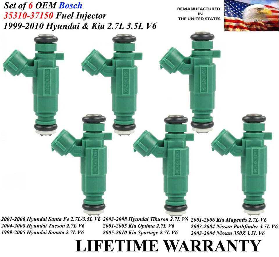  OEM Bosch Set of 6 Fuel Injectors For 2001-2006 Hyundai Santa Fe 2.7L/3.5L V6 - Image 1 of 1