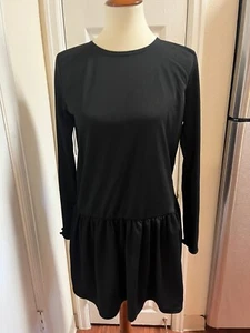 Boohoo Black Long Sleeve Dress Drop Waist Size 10 EUC Shift Boho - Picture 1 of 8