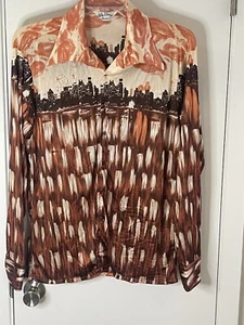 VTG Oleg Cassini Burma Mens L 70s Slinky Nylon Disco Shirt Rare Skyline Print - Picture 1 of 7