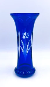 Cobalt Blue Badash Russian Vase Handcut to Clear Flowers With Leaves 10” - Picture 1 of 5