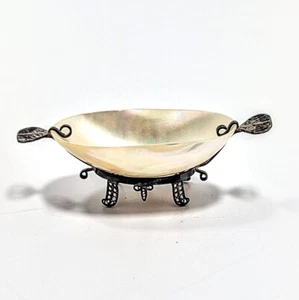 Vintage Mother of Pearl Caviar Dish Sterling Silver filigree Stand 4" - Picture 1 of 7