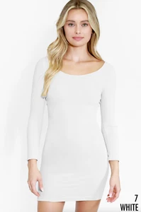 New White Scoop Neck Seamless Soft and Stretchy Dress with 3/4 Sleeves - Picture 1 of 1