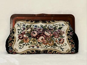Vintage Tapestry Framed Clutch Purse Floral Amber Lucite Click Closure Black - Picture 1 of 14