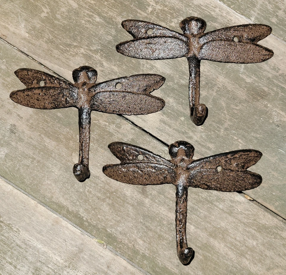 3 Cast Iron DRAGONFLY Towel Hanger Coat  Hat Hooks, Key Rack GARDEN Hook - Image 1 of 1