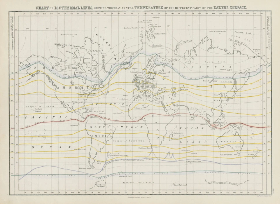 Carta Mundial de Líneas Isotérmicas. Temperatura media anual. Mapa GEORGE AIKMAN 1856 Foto 1 de 1