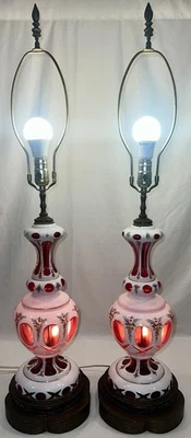 37.5”- VTG Pair Bohemian Czech White Cut to Cranberry Glass Enameled Table Lamps - Image 1 of 4