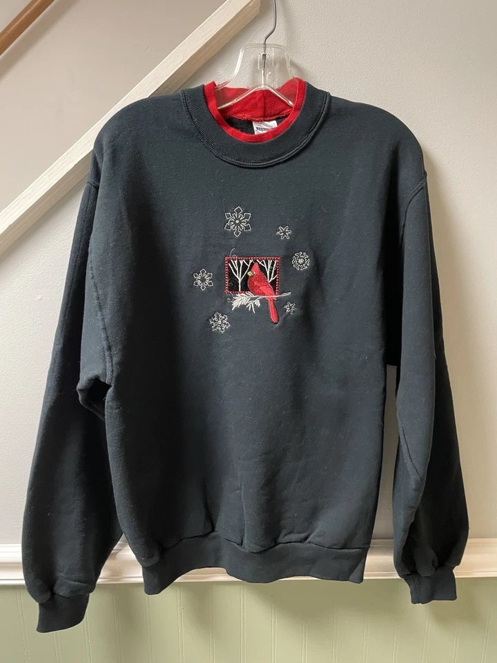 Sudadera Vintage Años 90 Mujer Navidad Invierno Cardenal Pequeña Negra Foto 1 de 4