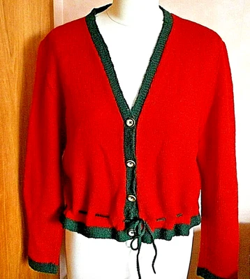 handgestrickte Trachtenjacke,rot m.grün,Hirschhornknöpfe,Tunneldurchz,Gr.38,gebr - Bild 1 von 4