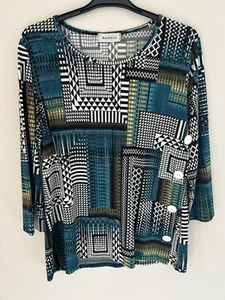 Bassini Top Size 16 Black White Blue Chevron Stretch Jersey Summer Holiday - Picture 1 of 9
