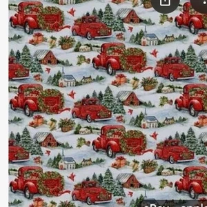 Remnant 30 X 44" Susan Winget- wtreath barn red trucks - 100% Cotton - Picture 1 of 1