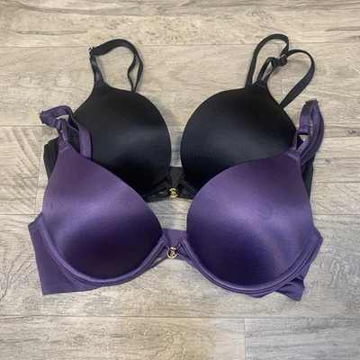 Victoria Secret 2 Satin Bombshell Plunge Bras Black Purple Size 30 C - Image 1 of 4