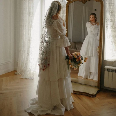 Vintage A-Line Wedding Dress Square Neck 3/4 Sleeves Tiered Ruffled Bridal Gowns - Image 1 of 4