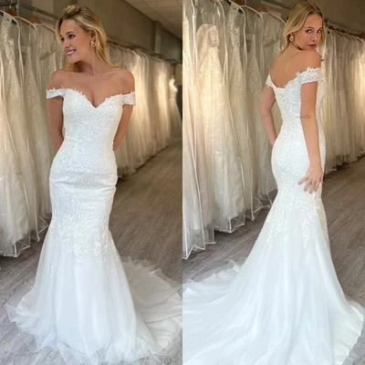 Sexy Mermaid Wedding Dresses Beach White Boho Off Shoulder Lace Bridal Gowns - Image 1 of 4