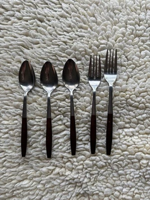 Interpur Japan Stainless Steel Flatware Faux Wood Handle Vtg MCM 5 Pieces - Image 1 of 4