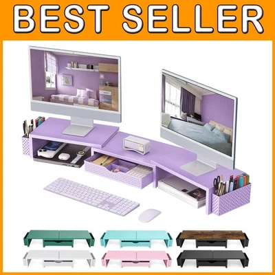 Dual Monitor Stand Riser with Drawer - Purple Desk Organizer - Image 1 of 4