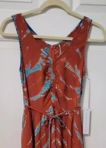 Boho Rust Orange Maxi Dress with Turquoise Tie-Dye Pattern Summer Beach Casual - Picture 1 of 10